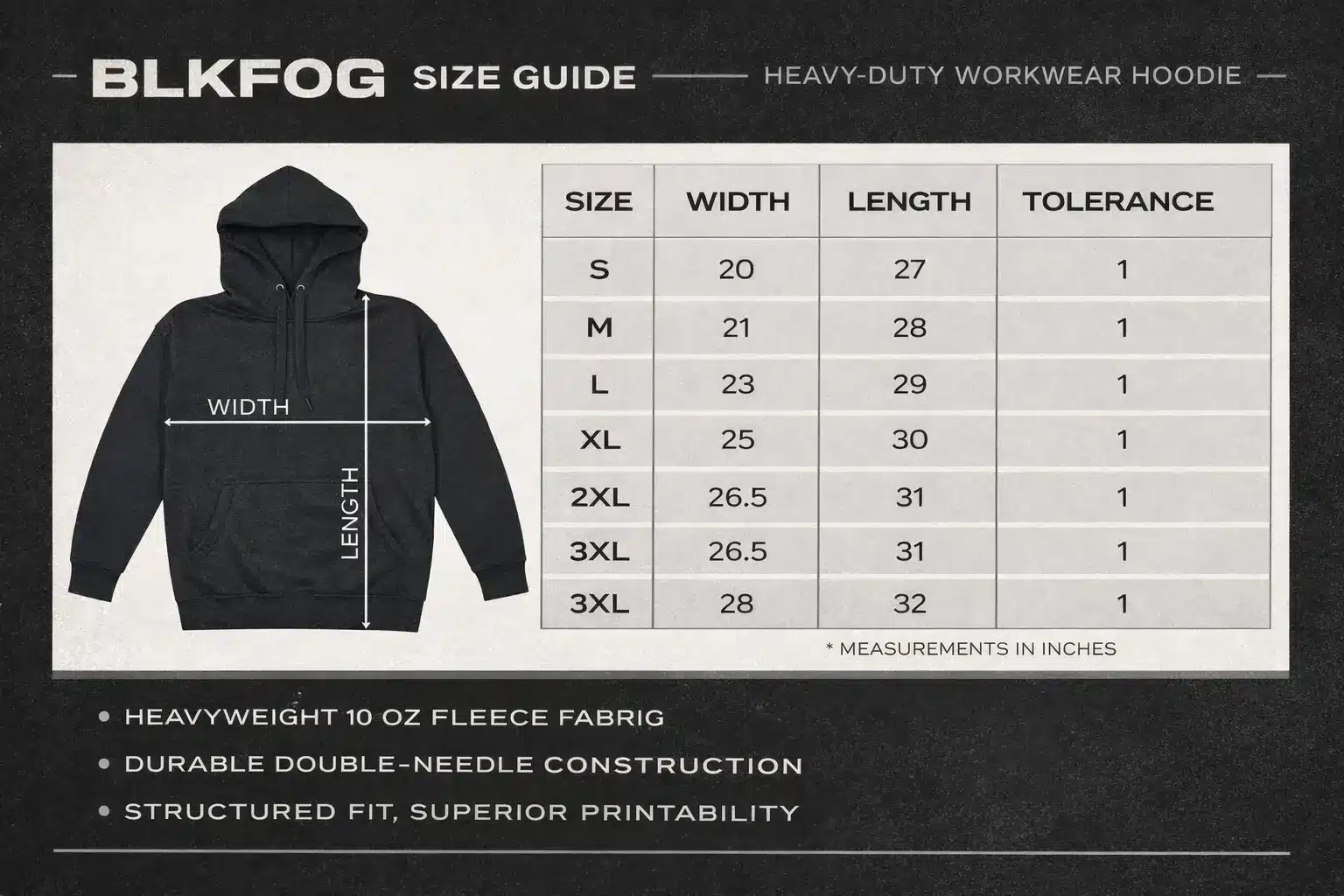 BLKFOG Hoodie Size Guide