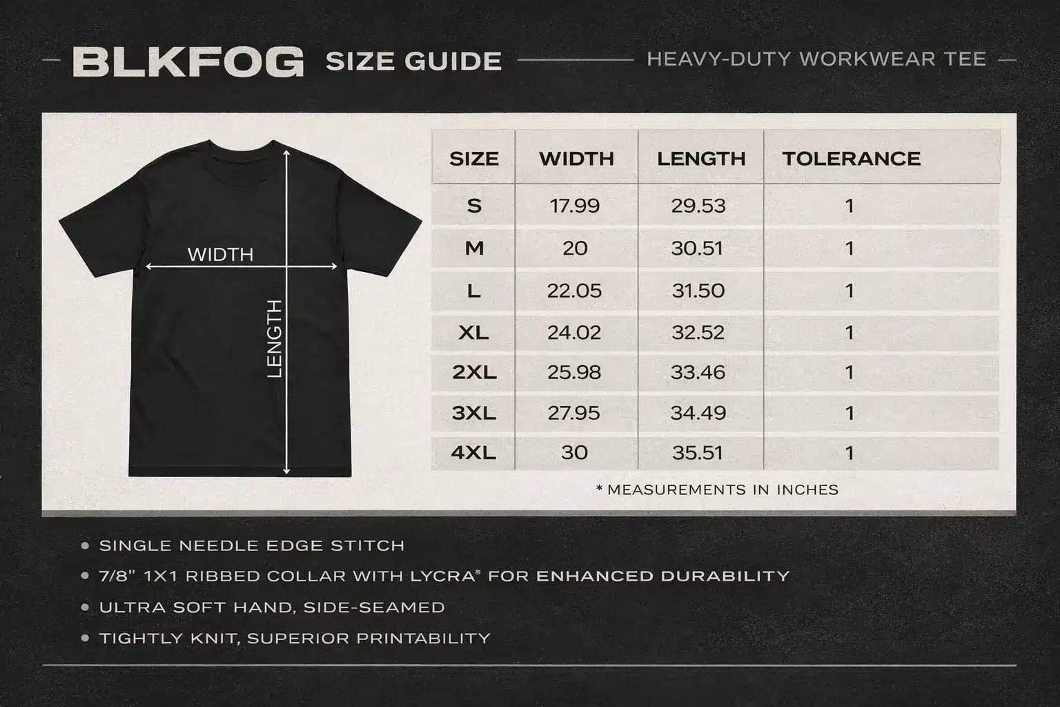 BLKFOG Workwear Tee Size Guide