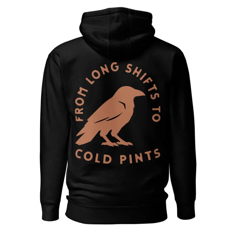 BLKFOG Long Shifts hoodie regular back print featuring rust crow badge and “From Long Shifts to Cold Pints” graphic
