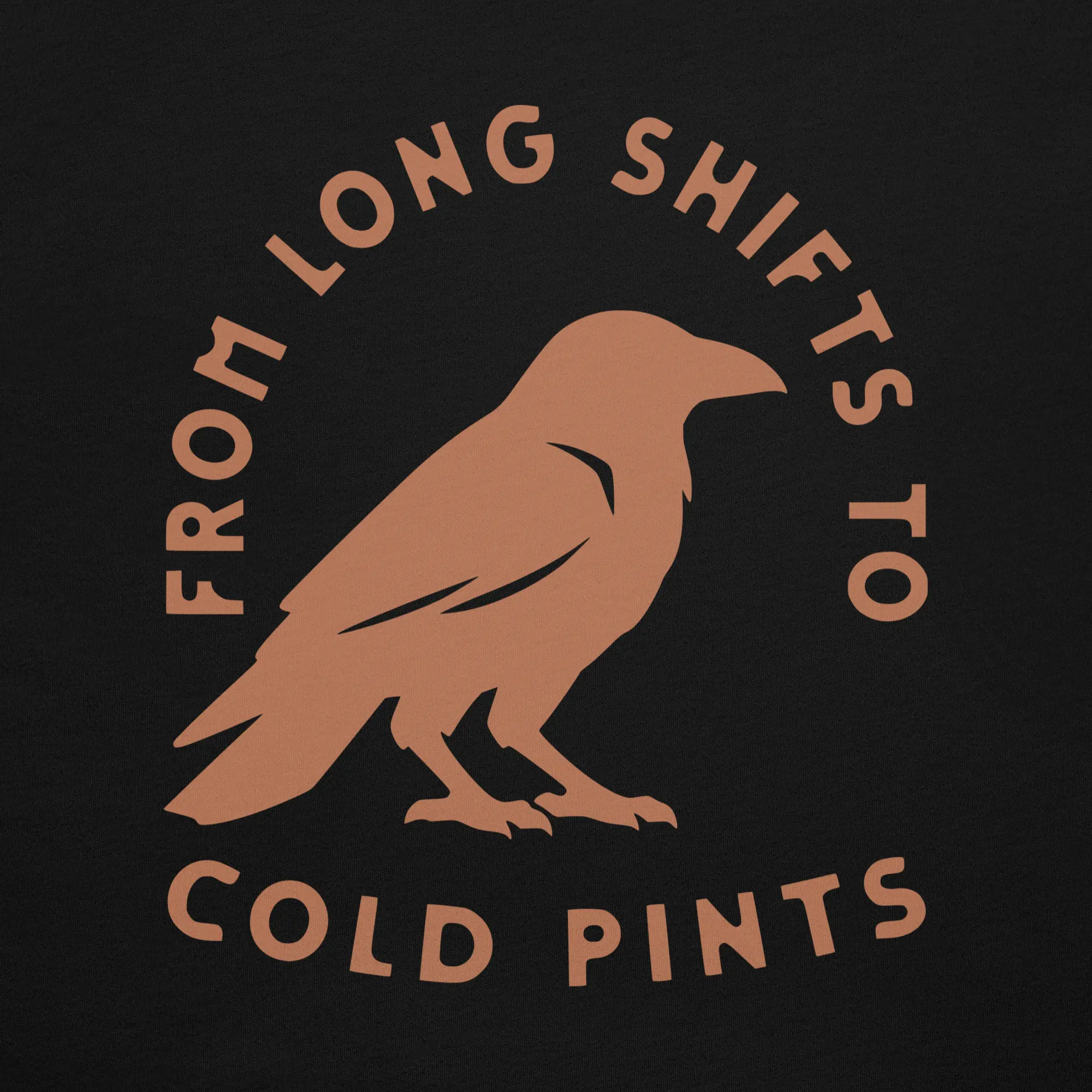 blkfog-long-shifts-tee-back-print-detail-up-close Close-up of BLKFOG Long Shifts crow badge graphic with rust ink print on black workwear t-shirt