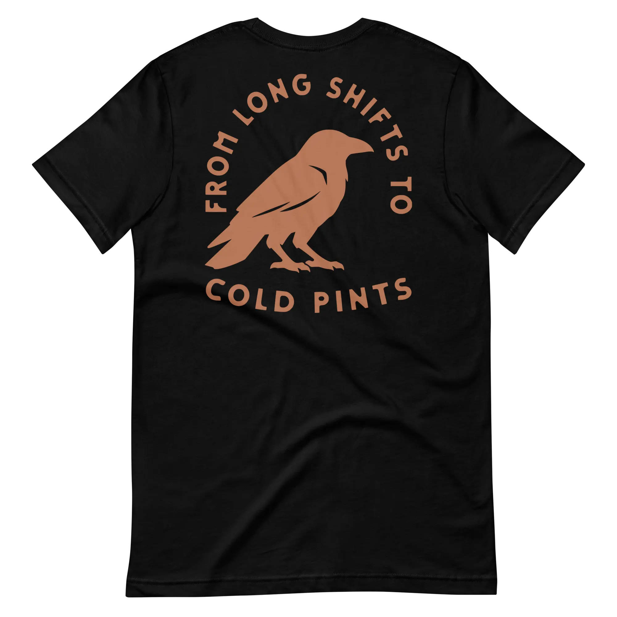 blkfog-long-shifts-tee-back-rust-crow-workwear BLKFOG Long Shifts workwear t-shirt back print featuring rust crow badge and “From Long Shifts to Cold Pints” graphic