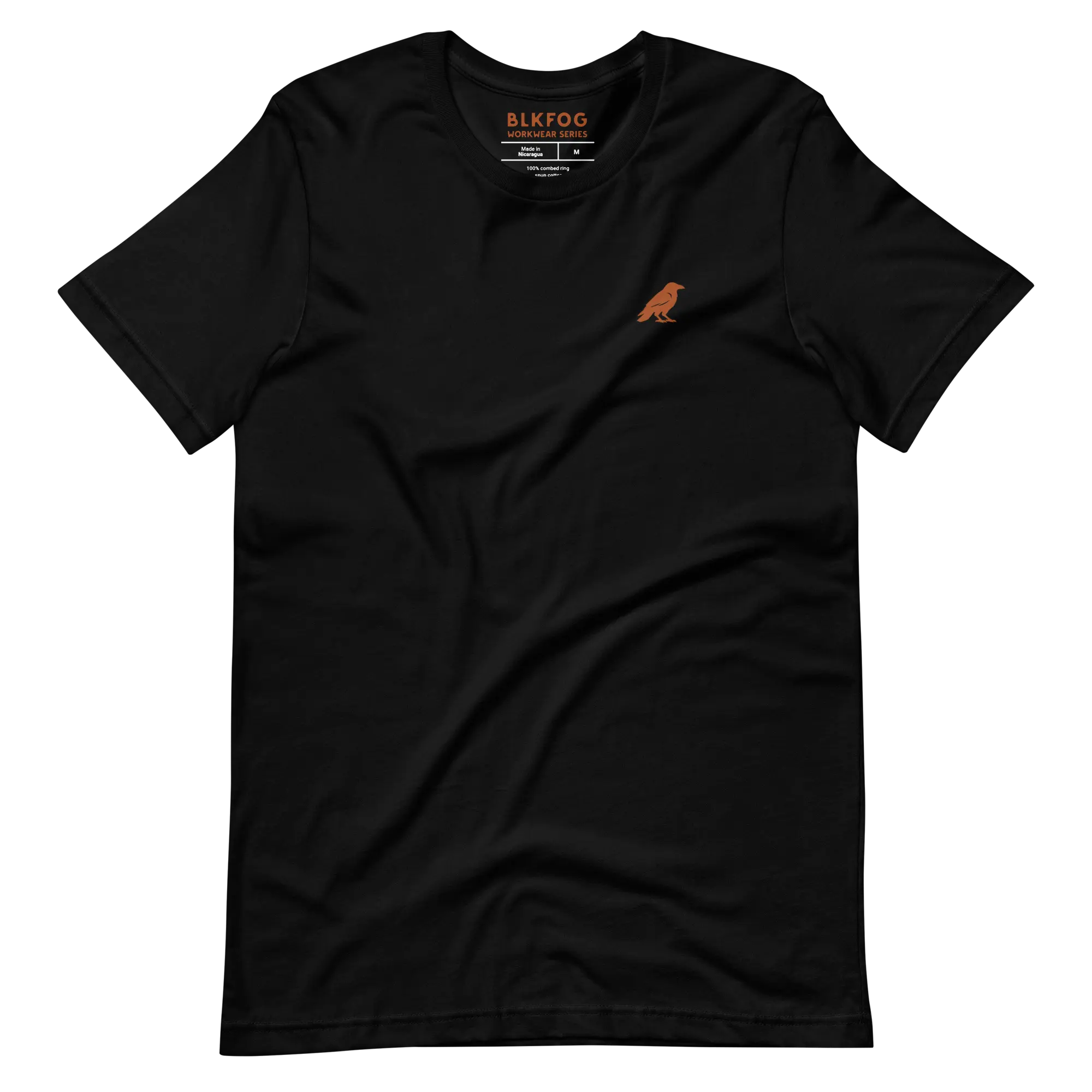 blkfog-long-shifts-tee-front-crow-logo BLKFOG Long Shifts black workwear t-shirt front with small rust crow chest logo