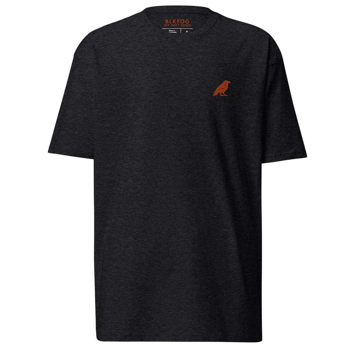 blkfog-off-shift-workwear-core-tee-front-charcoal BLKFOG Off Shift Workwear Tee charcoal front with rust crow logo