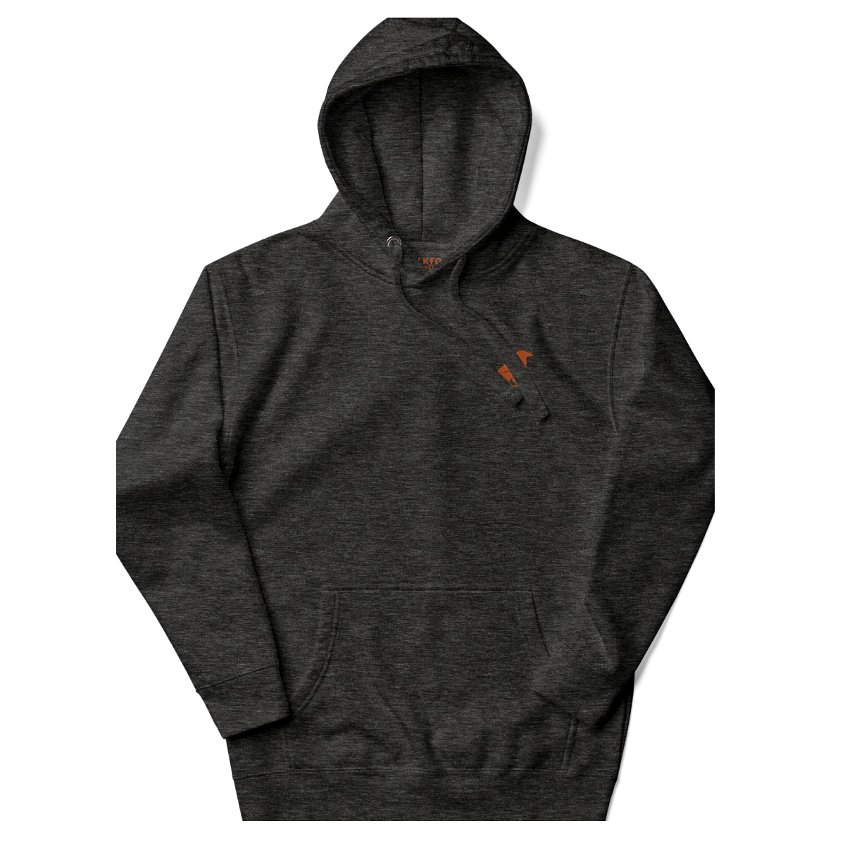 blkfog-standard-issue-core-hoodie-charcoal-front-flat BLKFOG Standard Issue hoodie charcoal heather front flat lay with rust crow logo