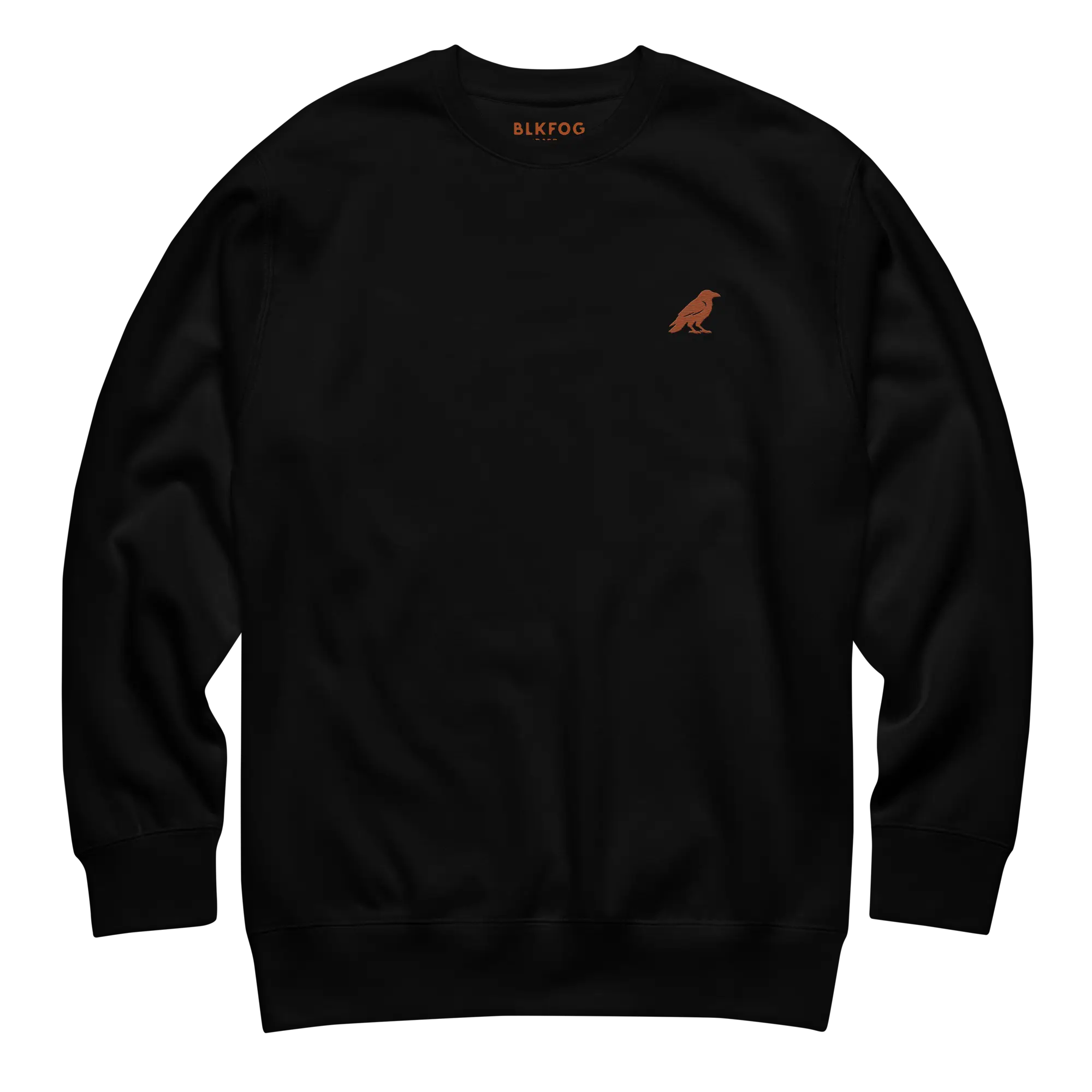 blkfog-standard-issue-crewneck-front-detail BLKFOG Standard Issue crewneck sweatshirt with rust crow logo on left chest