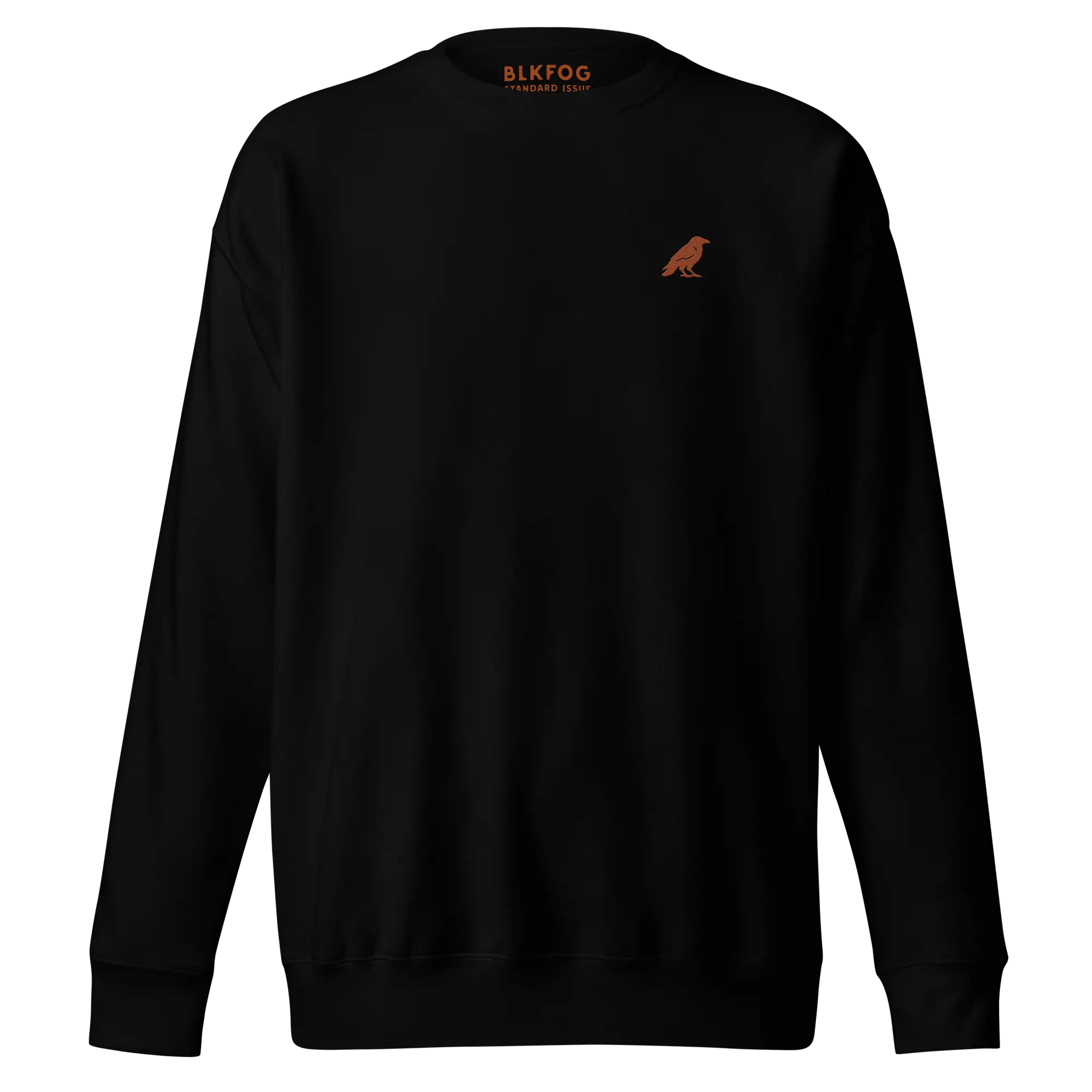 blkfog-standard-issue-crewneck-front BLKFOG Standard Issue black crewneck sweatshirt front with embroidered crow logo
