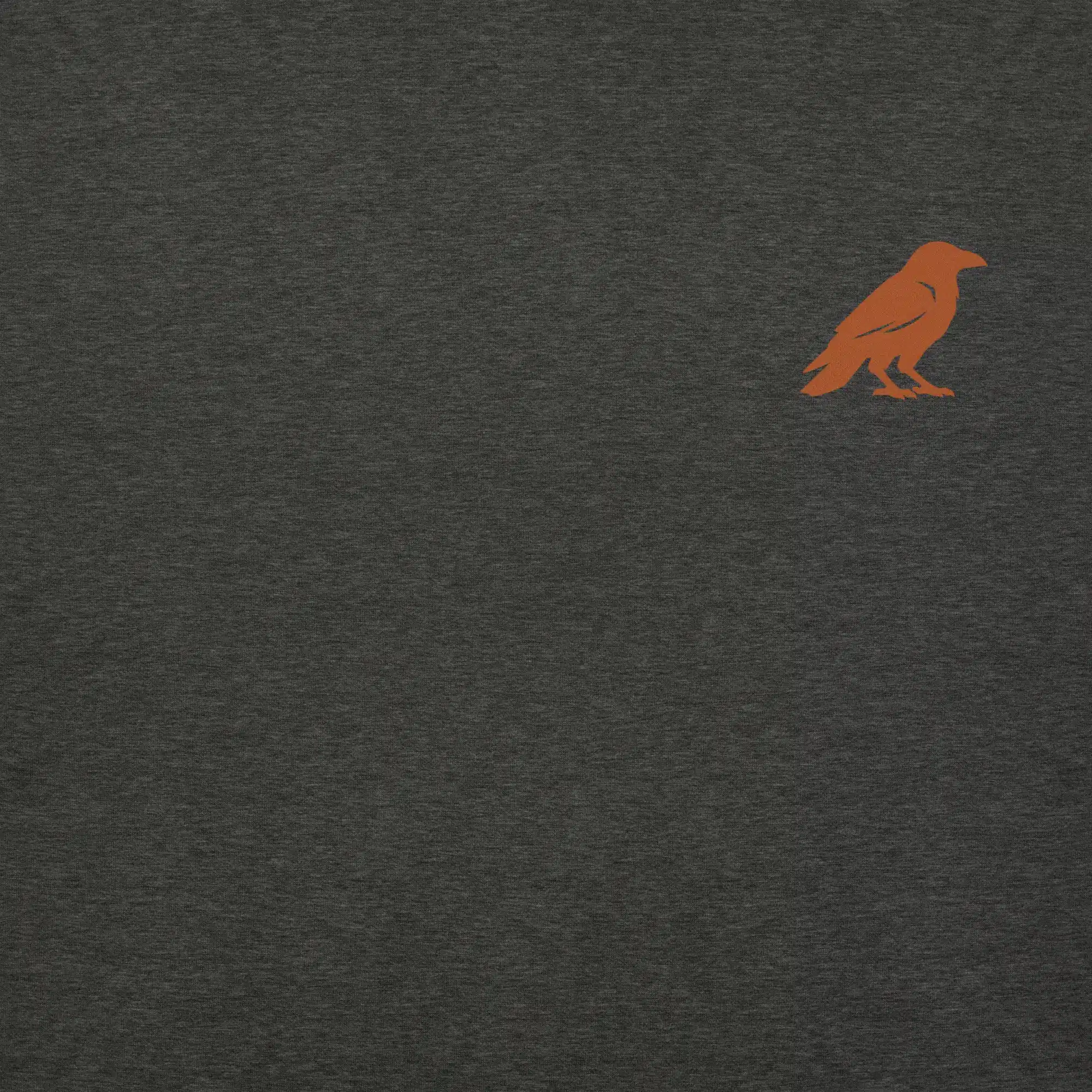 blkfog-standard-issue-hoodie-crow-logo-closeup BLKFOG rust crow logo close up on charcoal hoodie chest detail