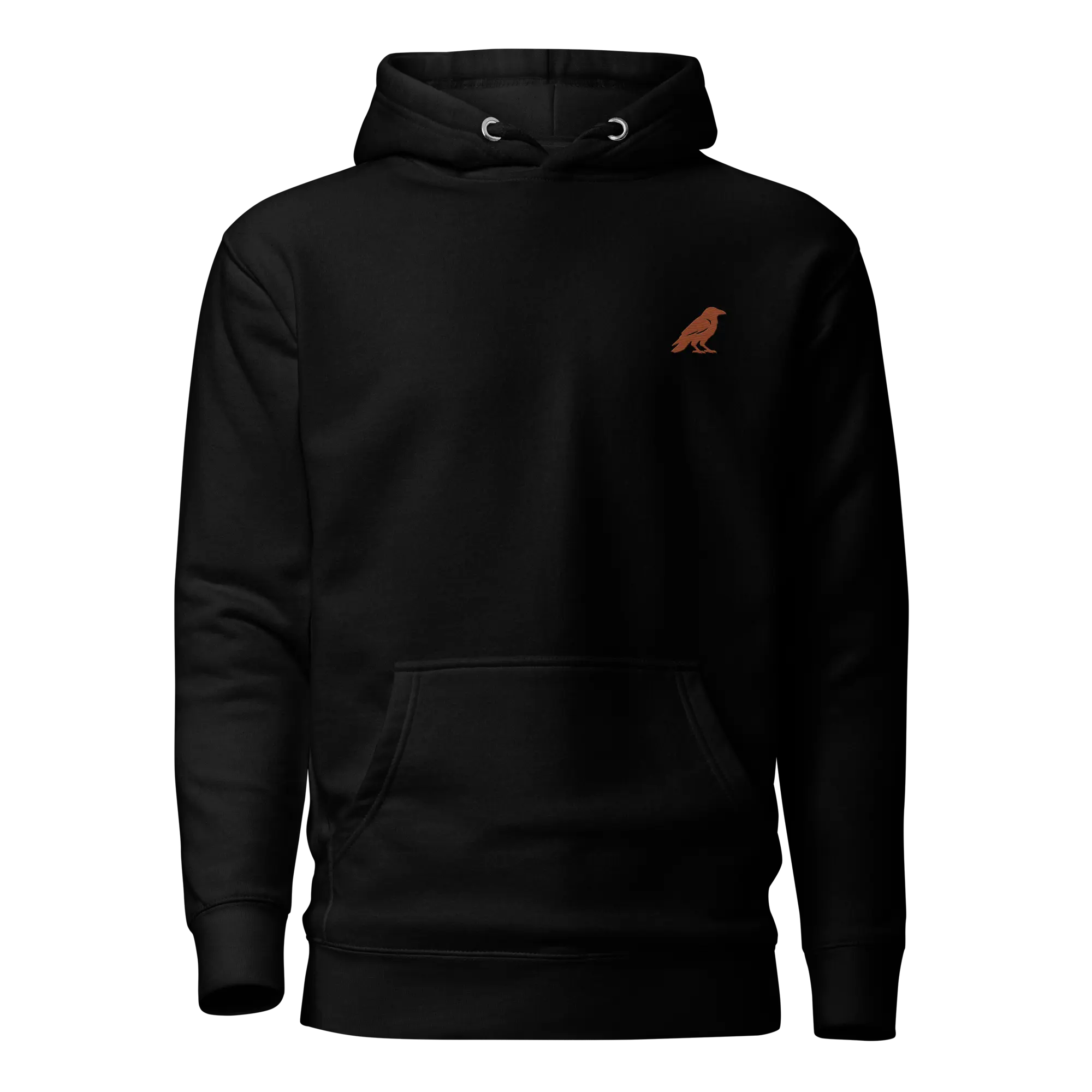 blkfog-standard-issue-pullover-hoodie-front-detail BLKFOG Standard Issue black pullover hoodie front with embroidered crow logo