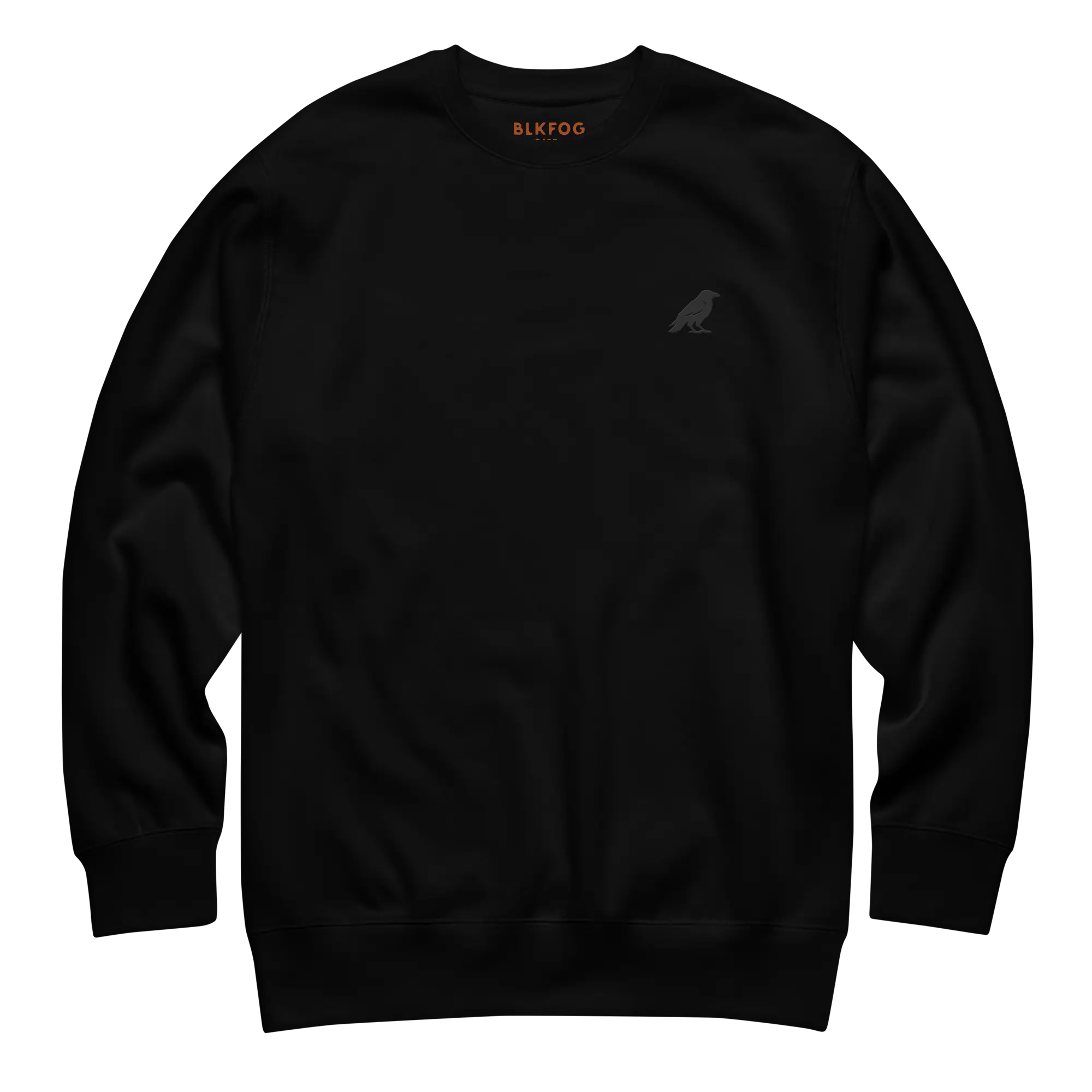 blkfog-standard-issue-stealth-crewneck-front-detail BLKFOG Standard Issue Stealth crewneck with black crow logo on left chest